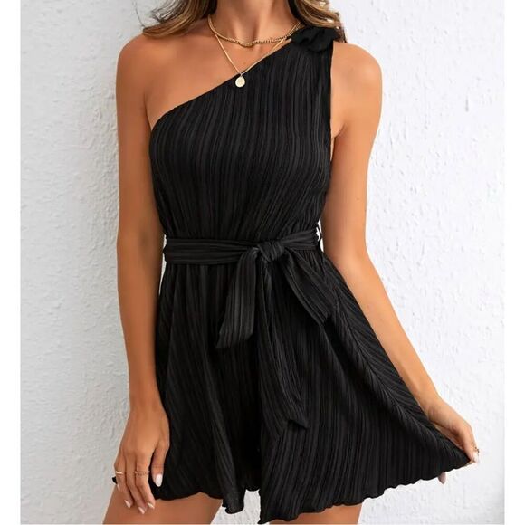 Womens Romper Black One Shoulder Belted Romper High Waist Jumpsuits Size 8-10 - Picture 9 of 9